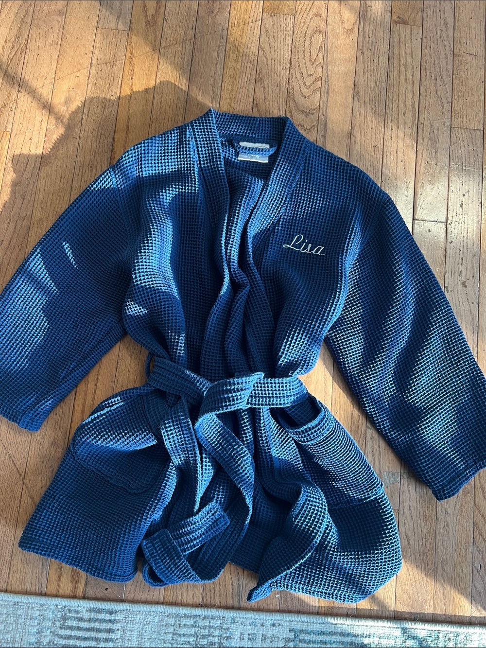 Mirko Navy Waffle Weave Cotton Spa Robe One Size Embroidered Lisa